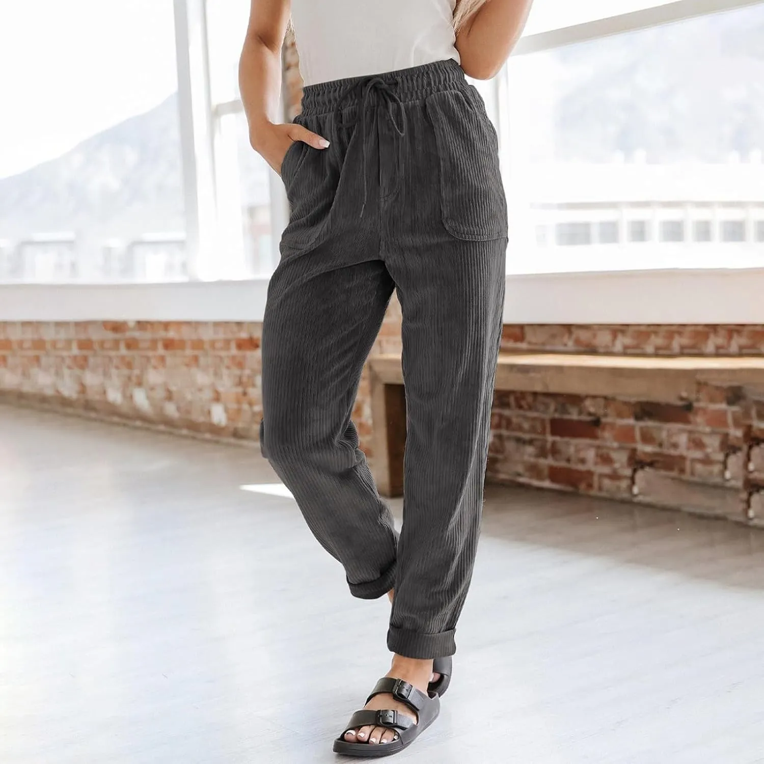 Corduroy Pants for Women Casual Drawstring Elastic High Waisted Straight Leg Pants Loose Comfy Trousers with Pockets