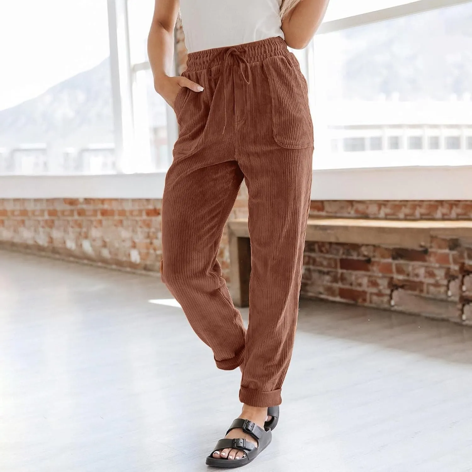 Corduroy Pants for Women Drawstring Loose Fit Pants 2025 High Waist Elastic Waist Pant Fashion Trendy Trousers