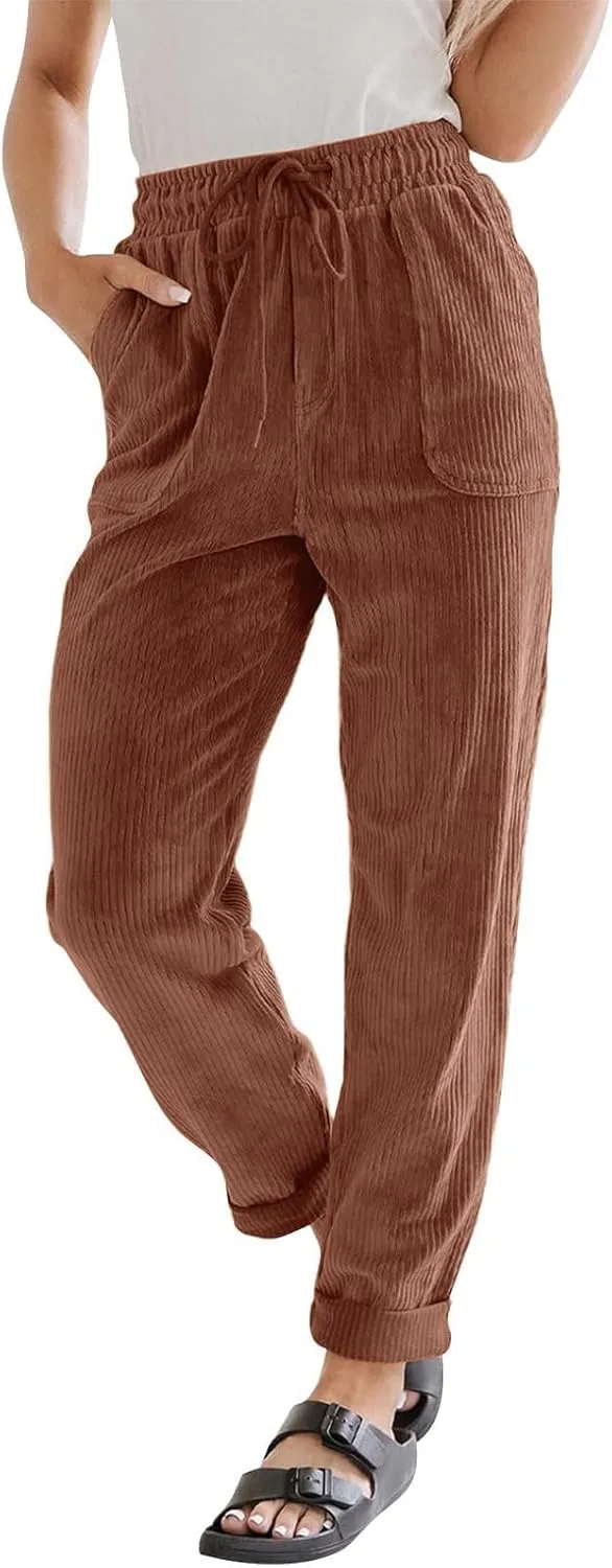 Corduroy Pants for Women Drawstring Loose Fit Pants 2025 High Waist Elastic Waist Pant Fashion Trendy Trousers