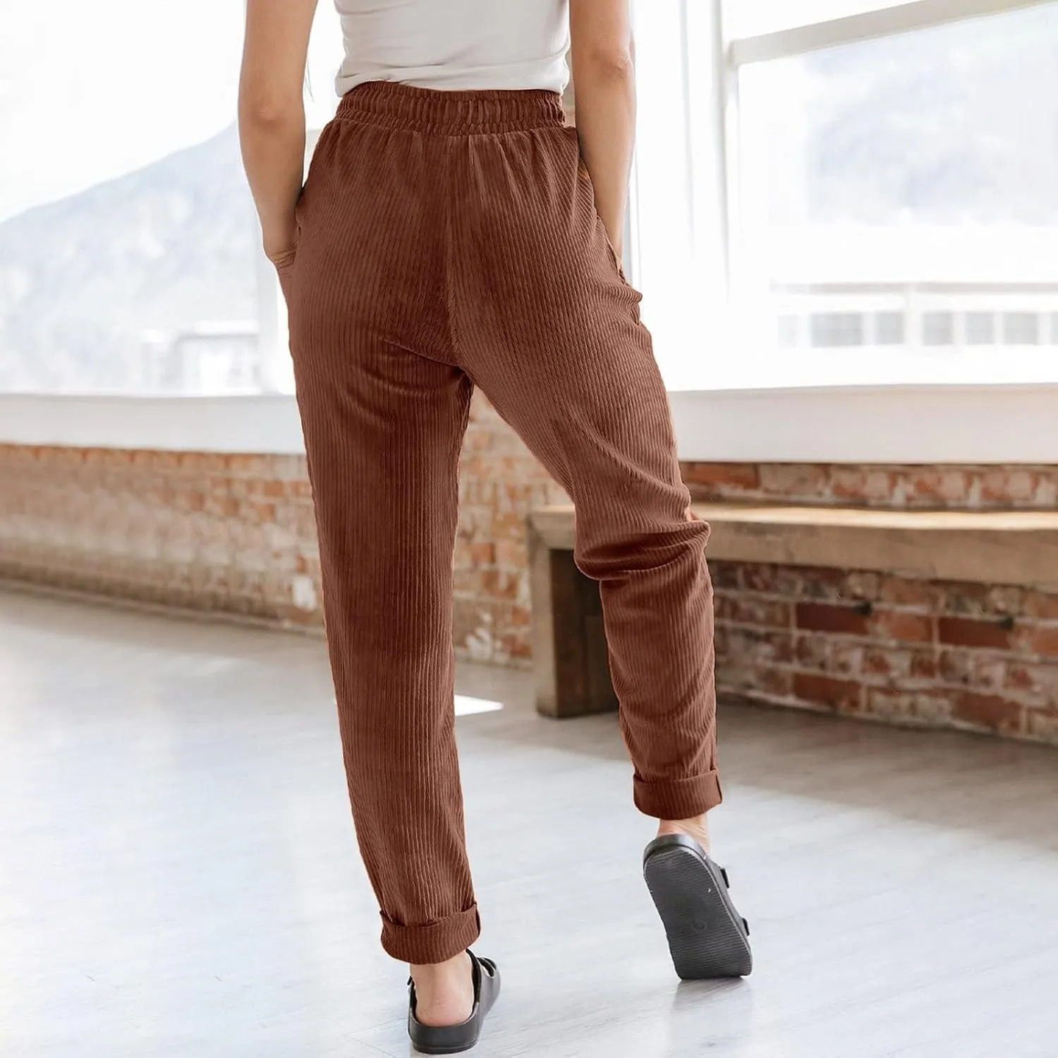 Corduroy Pants for Women Drawstring Loose Fit Pants 2025 High Waist Elastic Waist Pant Fashion Trendy Trousers