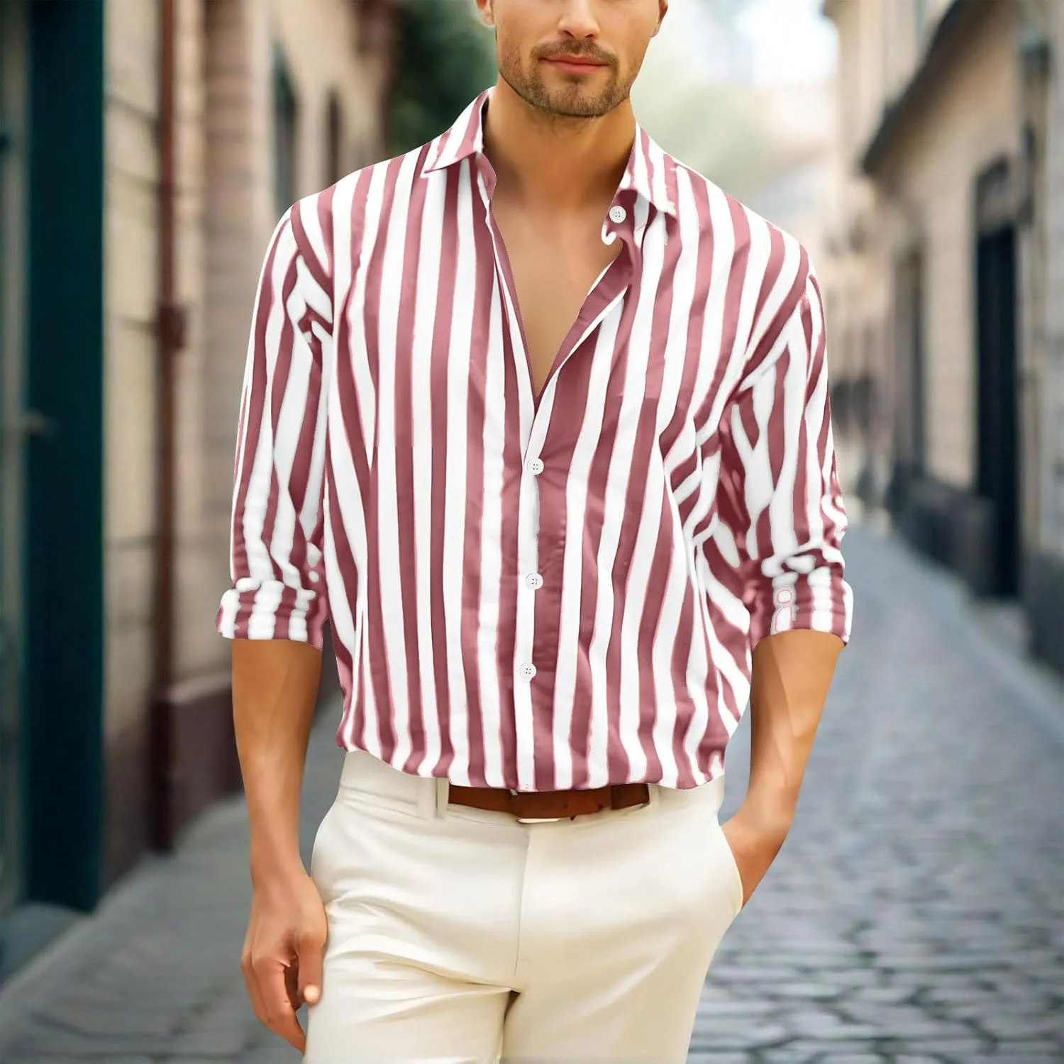 Cotton Linen Comfy Blouse Shirt for Men Striped Printed Dressy Loose Shirts Long Sleeve Button Up Lapel Work Shirt