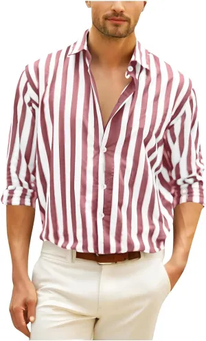 Cotton Linen Comfy Blouse Shirt for Men Striped Printed Dressy Loose Shirts Long Sleeve Button Up Lapel Work Shirt