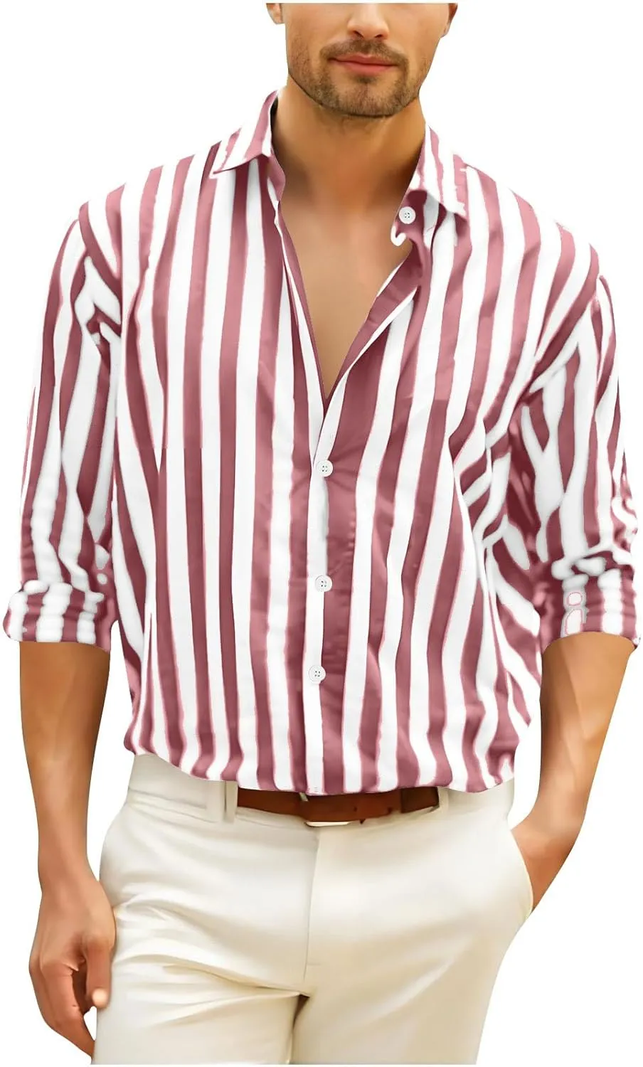 Cotton Linen Comfy Blouse Shirt for Men Striped Printed Dressy Loose Shirts Long Sleeve Button Up Lapel Work Shirt
