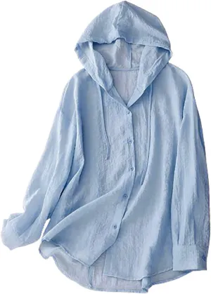 Cotton Linen Hoodie Tops Womens 2025 Summer Hooded Long Sleeve Shirts Ladies Dressy Casual Button Down Blouses Tees