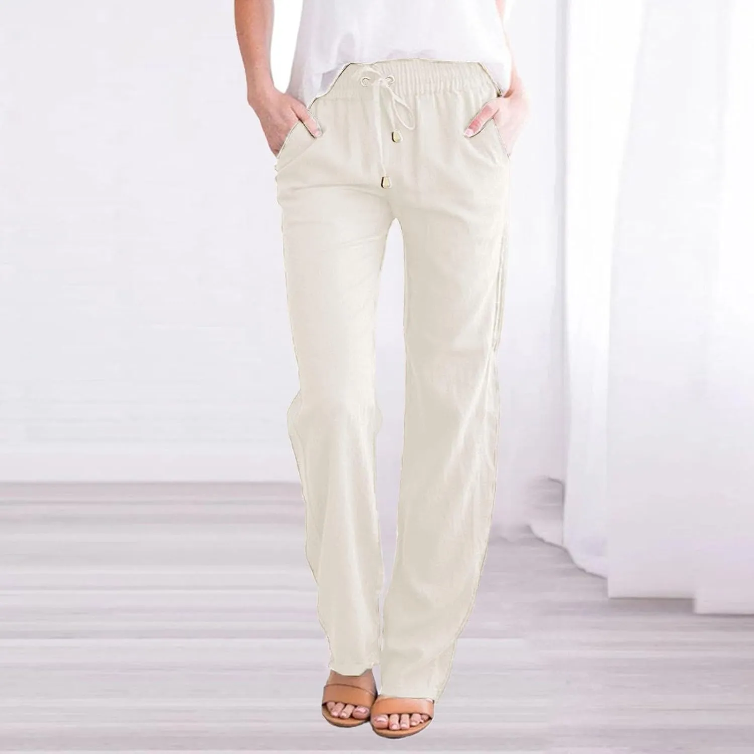 Cotton Linen Pants for Women 2025 Straight Leg Drawstring Long Trouser Loose High Waist Beach Pant with Pockets