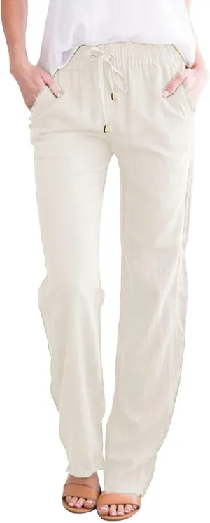 Cotton Linen Pants for Women 2025 Straight Leg Drawstring Long Trouser Loose High Waist Beach Pant with Pockets