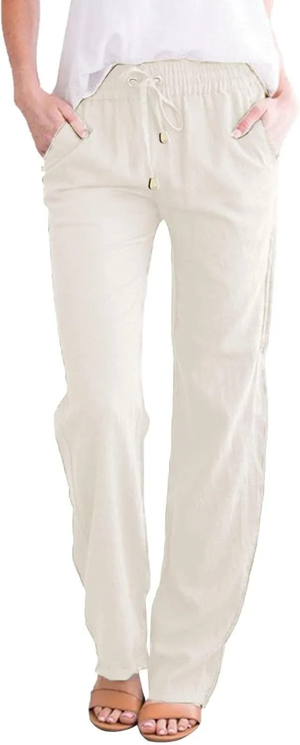 Cotton Linen Pants for Women 2025 Straight Leg Drawstring Long Trouser Loose High Waist Beach Pant with Pockets
