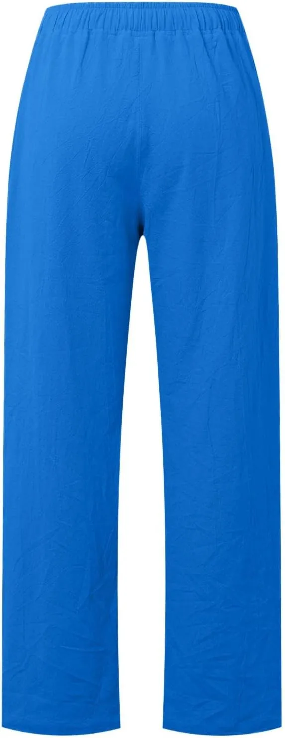 Cotton Linen Pants for Women Summer Drawstring High Waisted Palazzo Pants Casual Wide Leg Beach Trousers with Pockets