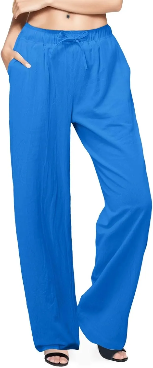 Cotton Linen Pants for Women Summer Drawstring High Waisted Palazzo Pants Casual Wide Leg Beach Trousers with Pockets