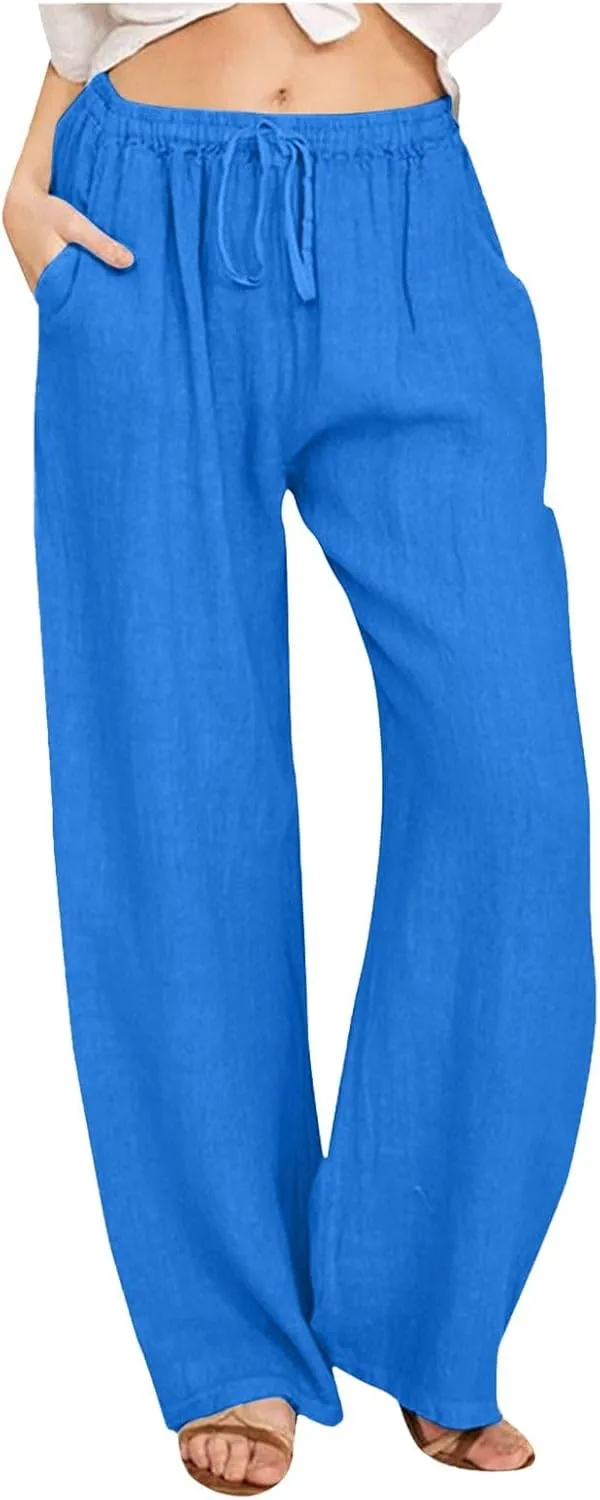 Cotton Linen Pants for Women Summer Drawstring High Waisted Palazzo Pants Casual Wide Leg Beach Trousers with Pockets
