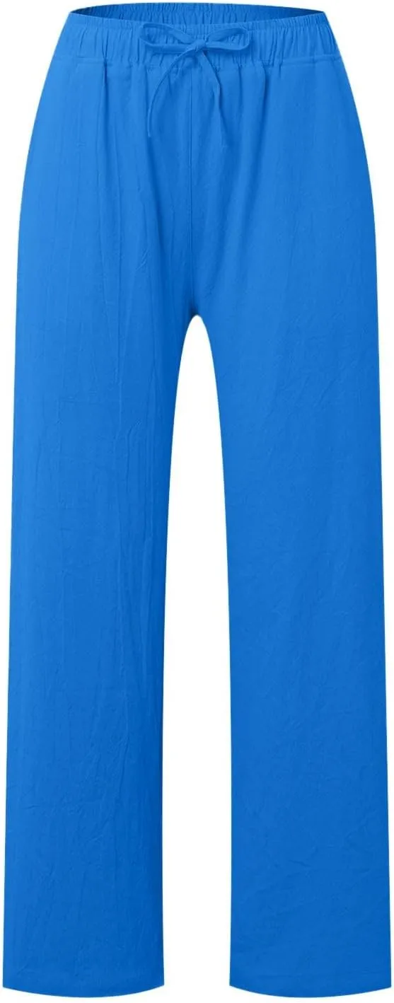 Cotton Linen Pants for Women Summer Drawstring High Waisted Palazzo Pants Casual Wide Leg Beach Trousers with Pockets