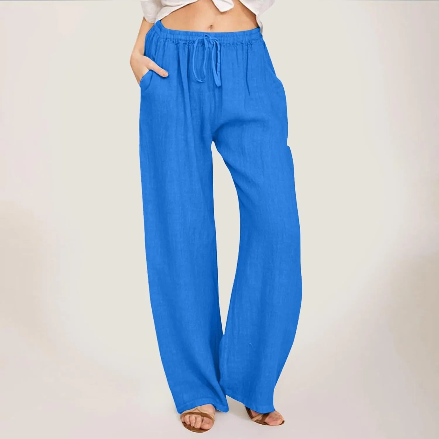 Cotton Linen Pants for Women Summer Drawstring High Waisted Palazzo Pants Casual Wide Leg Beach Trousers with Pockets