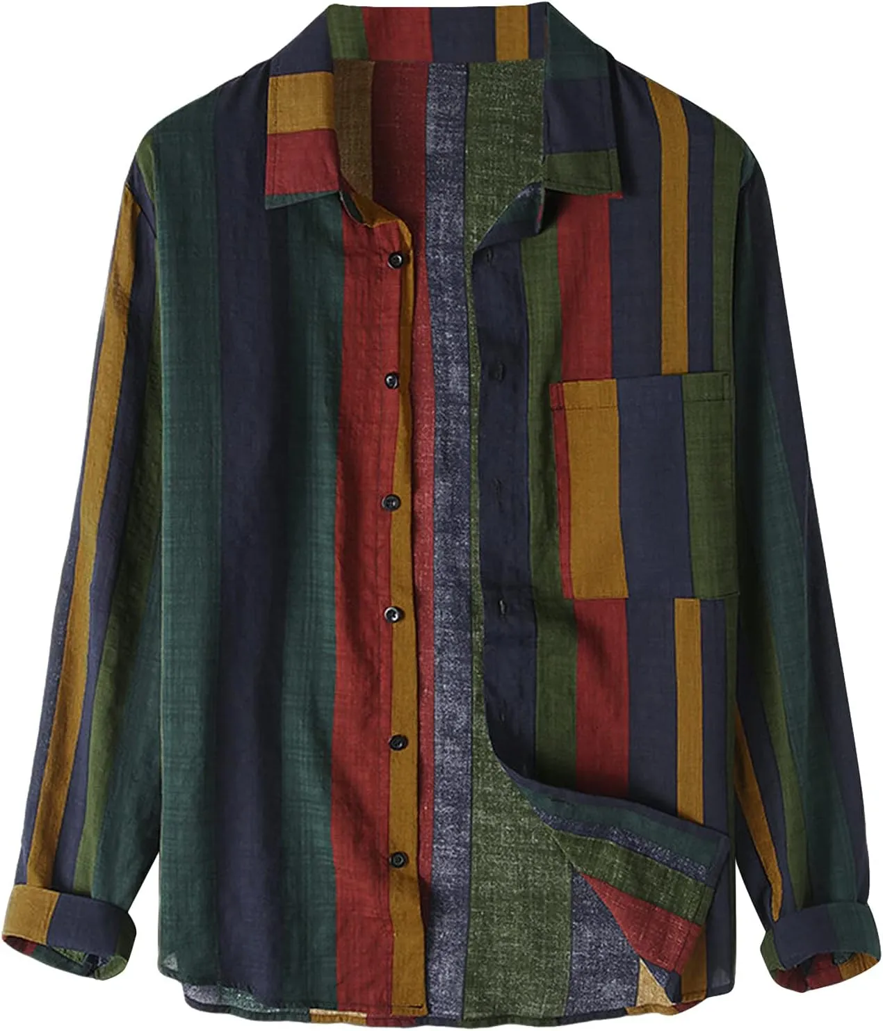 Cotton Linen Shirts for Men Long Sleeve Casual Button Down Striped Shirts Vintage Relaxed Fit Beach Hawaiian Shirts