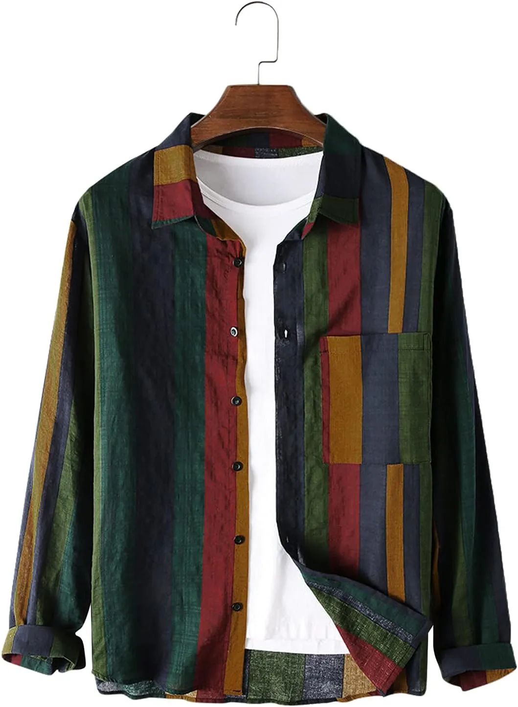 Cotton Linen Shirts for Men Long Sleeve Casual Button Down Striped Shirts Vintage Relaxed Fit Beach Hawaiian Shirts