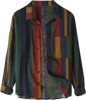 Cotton Linen Shirts for Men Long Sleeve Casual Button Down Striped Shirts Vintage Relaxed Fit Beach Hawaiian Shirts