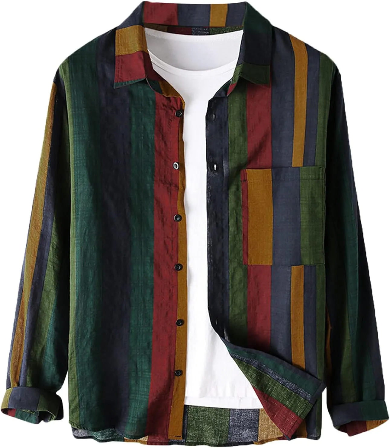 Cotton Linen Shirts for Men Long Sleeve Casual Button Down Striped Shirts Vintage Relaxed Fit Beach Hawaiian Shirts