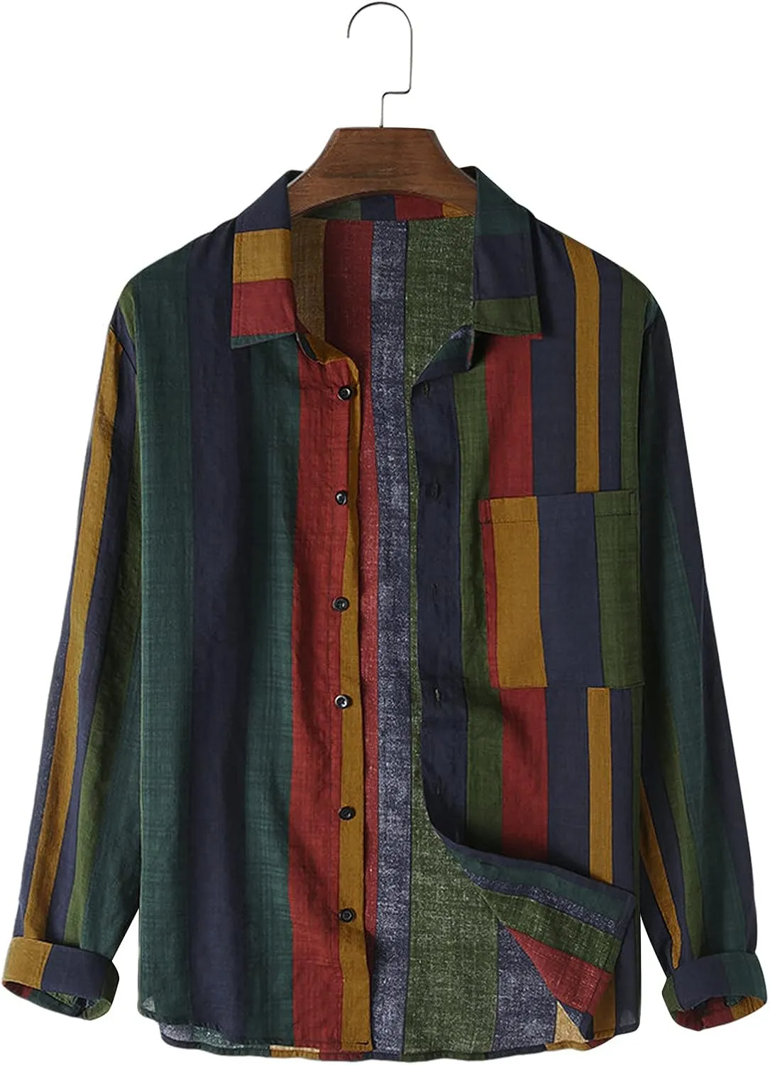 Cotton Linen Shirts for Men Long Sleeve Casual Button Down Striped Shirts Vintage Relaxed Fit Beach Hawaiian Shirts