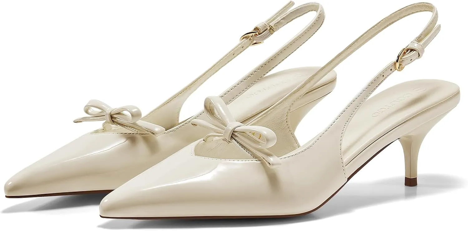 Coutgo Womens Bow Slingback Heels Low Kitten Heel Pumps Closed Pointed Toe Party Wedding Dress Shoes