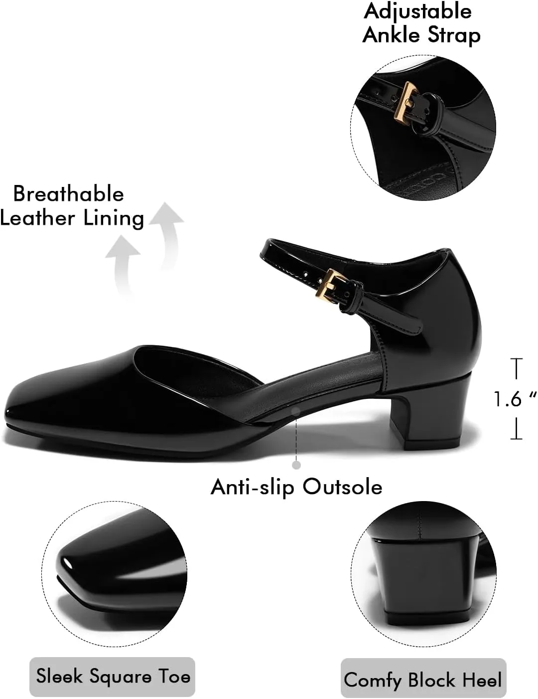 Coutgo Womens Chunky Low Heels Dress Shoes Ankle Buckle Strap Square Toe D'Orsay Pumps Work Party Shoes