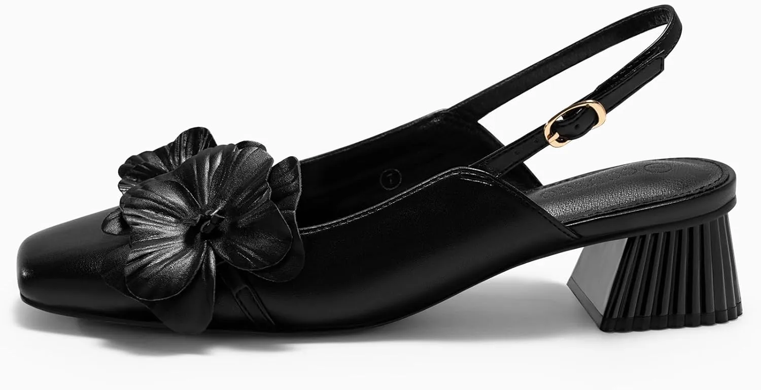 Coutgo Womens Slingback Chunky Heels Flower Closed Square Toe Pumps Work Dress Shoes