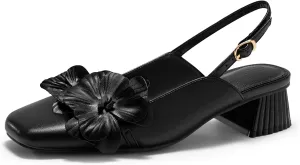Coutgo Womens Slingback Chunky Heels Flower Closed Square Toe Pumps Work Dress Shoes