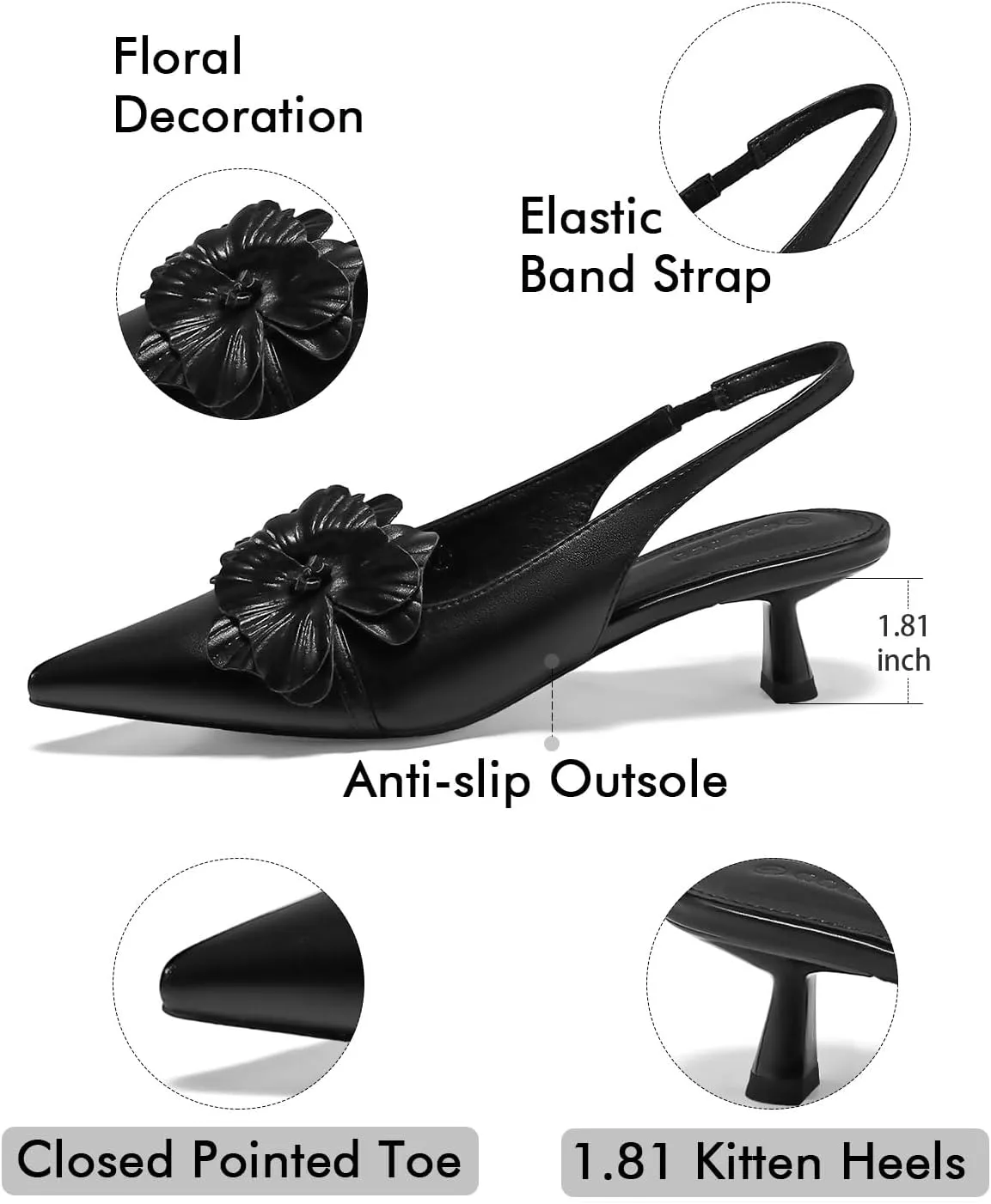 Coutgo Womens Slingback Kitten Heels Flower Closed Pointed Toe Pumps Wedding Party Dress Sandals Shoes