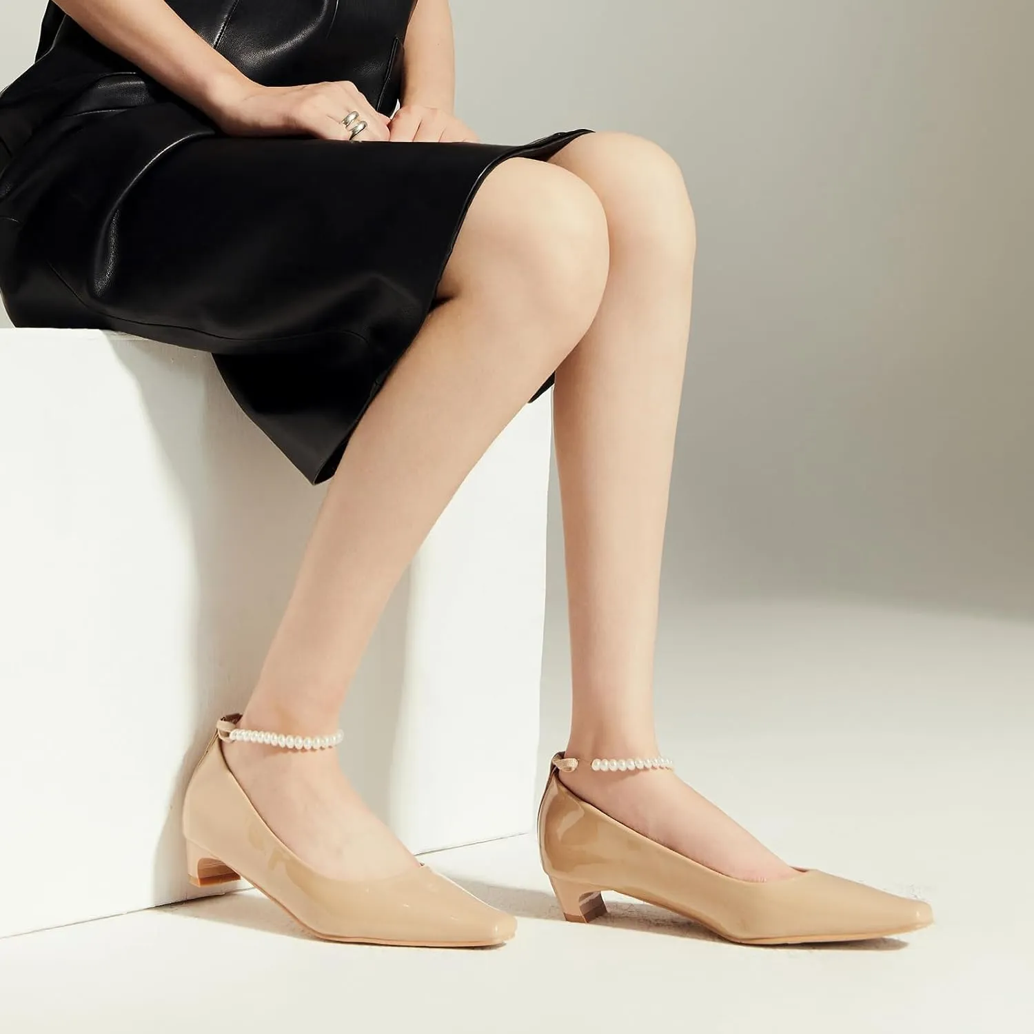 C.Paravano Chunky Low Heel Women's Square Toe Pumps Slip-On Closed Toe Low Heeled Pearl Ankle Strap Pumps Bridal Wedding Shoes