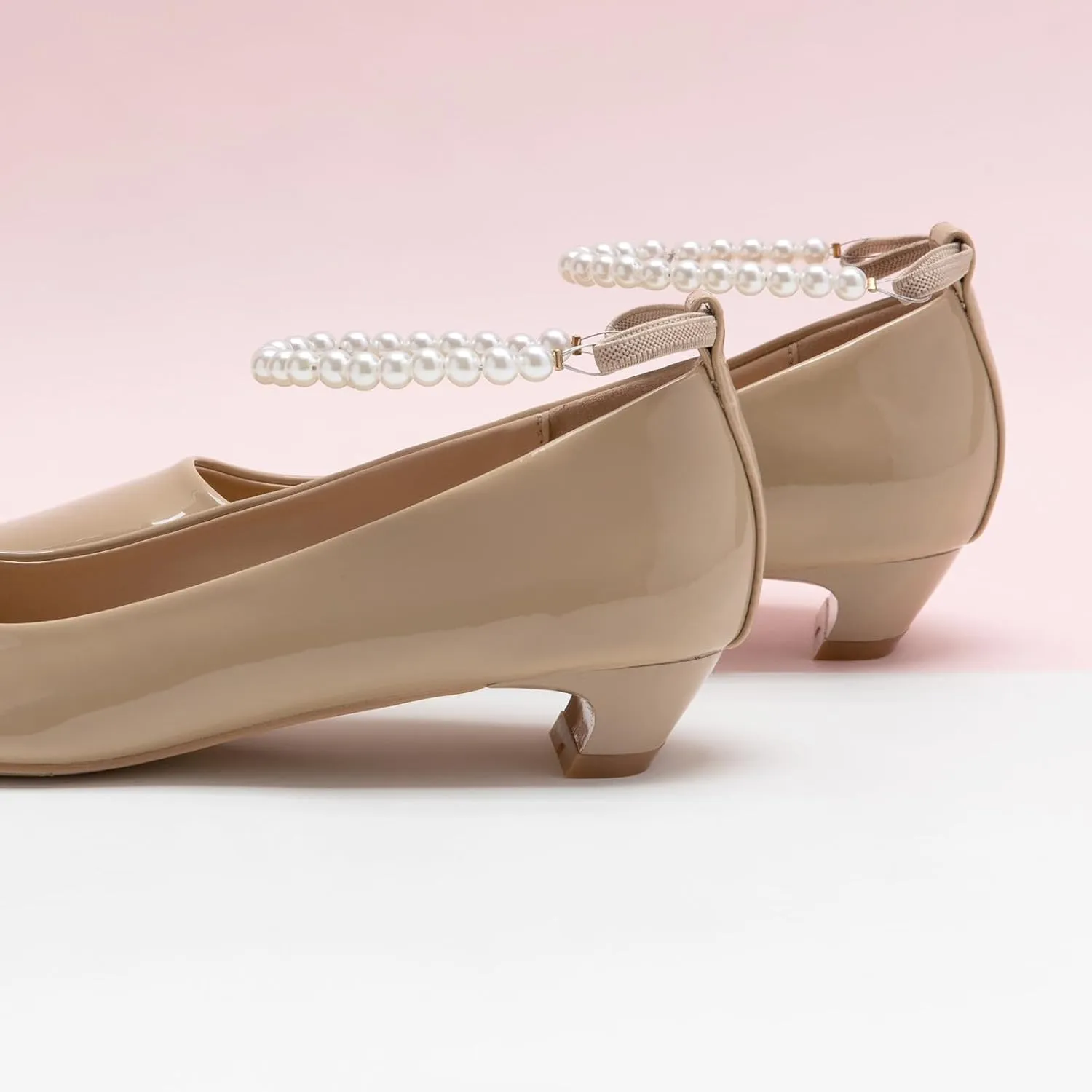 C.Paravano Chunky Low Heel Women's Square Toe Pumps Slip-On Closed Toe Low Heeled Pearl Ankle Strap Pumps Bridal Wedding Shoes