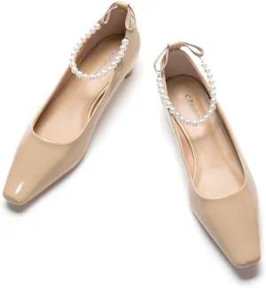 C.Paravano Chunky Low Heel Women's Square Toe Pumps Slip-On Closed Toe Low Heeled Pearl Ankle Strap Pumps Bridal Wedding Shoes