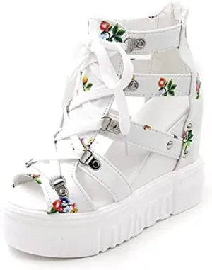 Crepuscute Women's Floral Embroidery Fish Mouth Platform Wedge Sandals Open Toe with Strap Breathable Non-Slip Sexy Bohemia Casual Summer Cage Dress Shoes