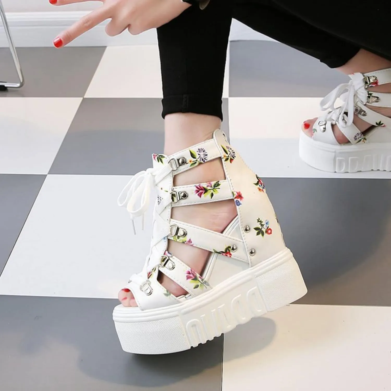 Crepuscute Women's Floral Embroidery Fish Mouth Platform Wedge Sandals Open Toe with Strap Breathable Non-Slip Sexy Bohemia Casual Summer Cage Dress Shoes