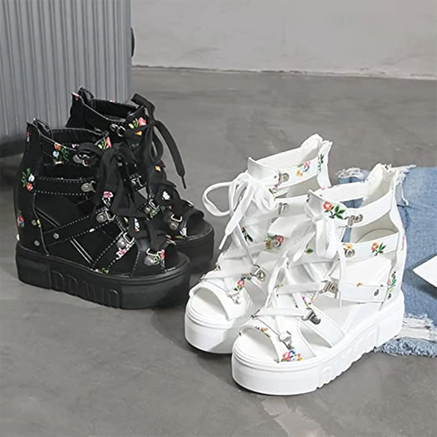 Crepuscute Women's Floral Embroidery Fish Mouth Platform Wedge Sandals Open Toe with Strap Breathable Non-Slip Sexy Bohemia Casual Summer Cage Dress Shoes