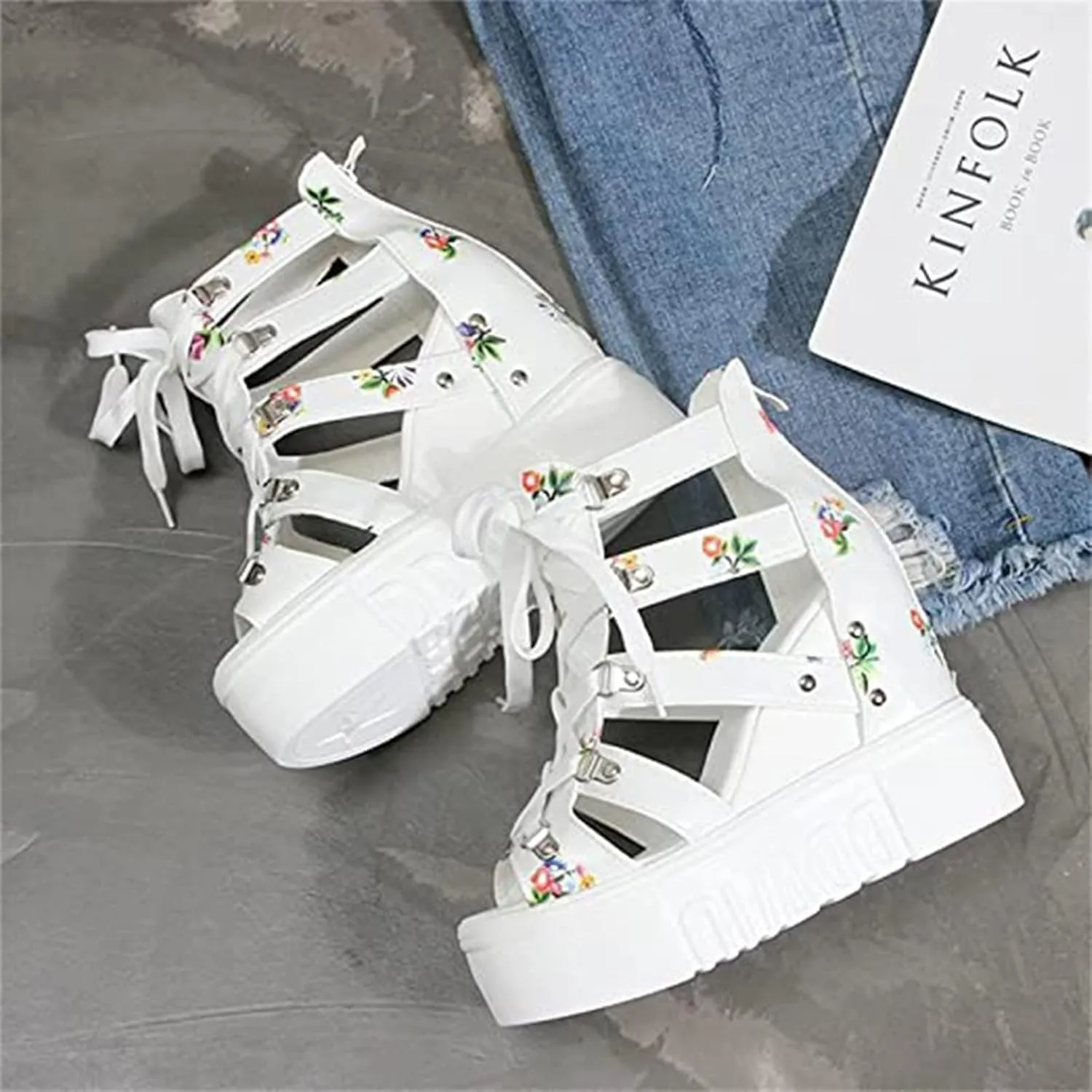 Crepuscute Women's Floral Embroidery Fish Mouth Platform Wedge Sandals Open Toe with Strap Breathable Non-Slip Sexy Bohemia Casual Summer Cage Dress Shoes