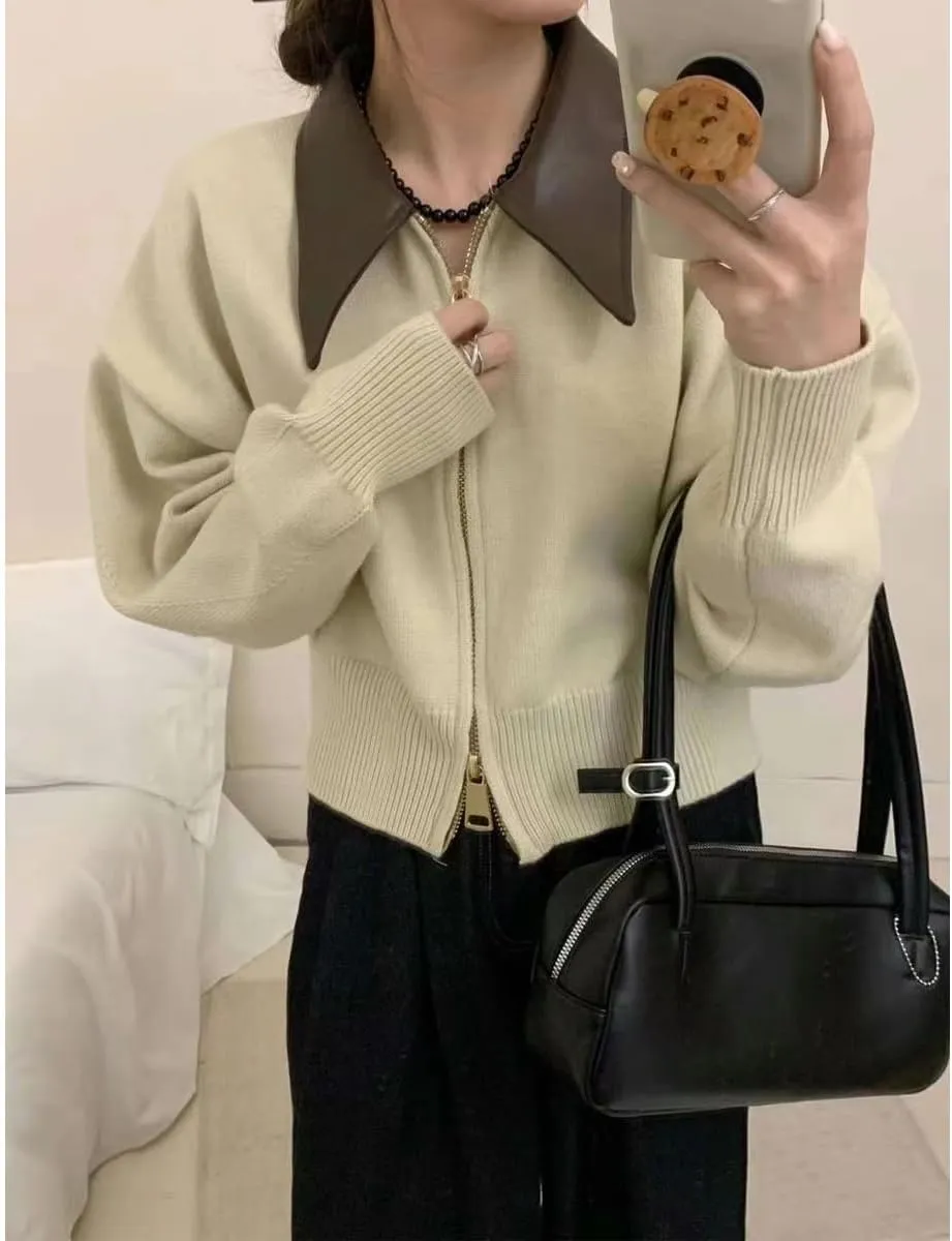 Cropped Cardigan Women Leather Collared Knit Sweater Zip up Jacket Aesthetic Cute Polo Sweater Fall 2024 Trendy