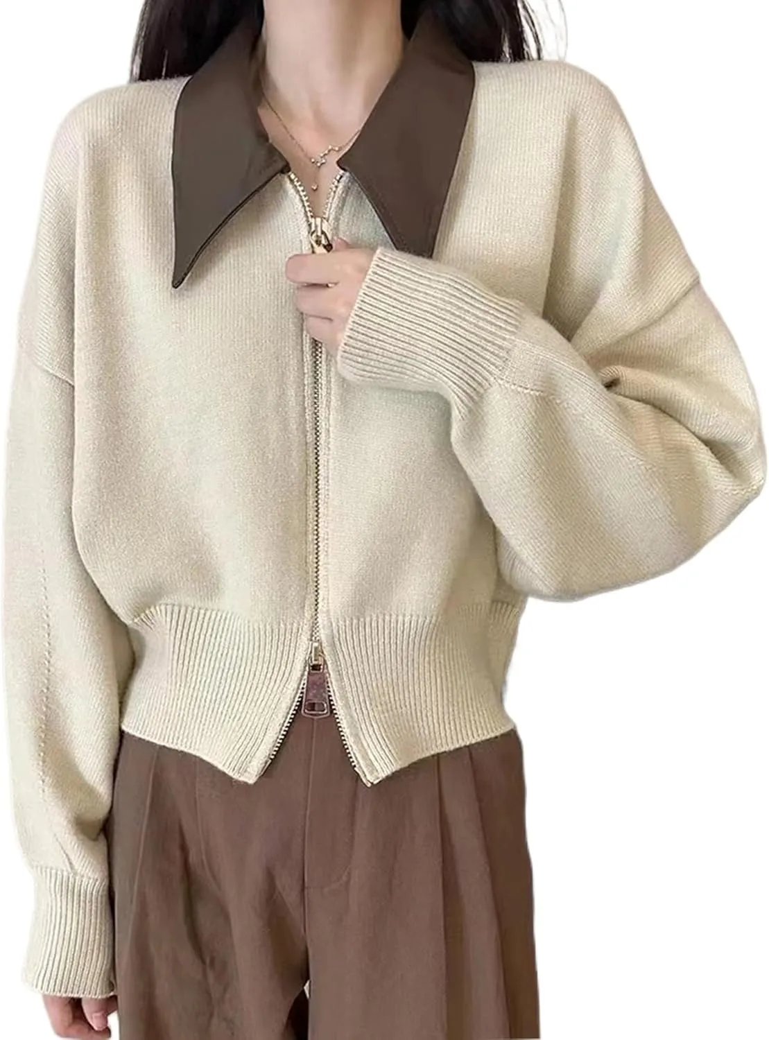 Cropped Cardigan Women Leather Collared Knit Sweater Zip up Jacket Aesthetic Cute Polo Sweater Fall 2024 Trendy