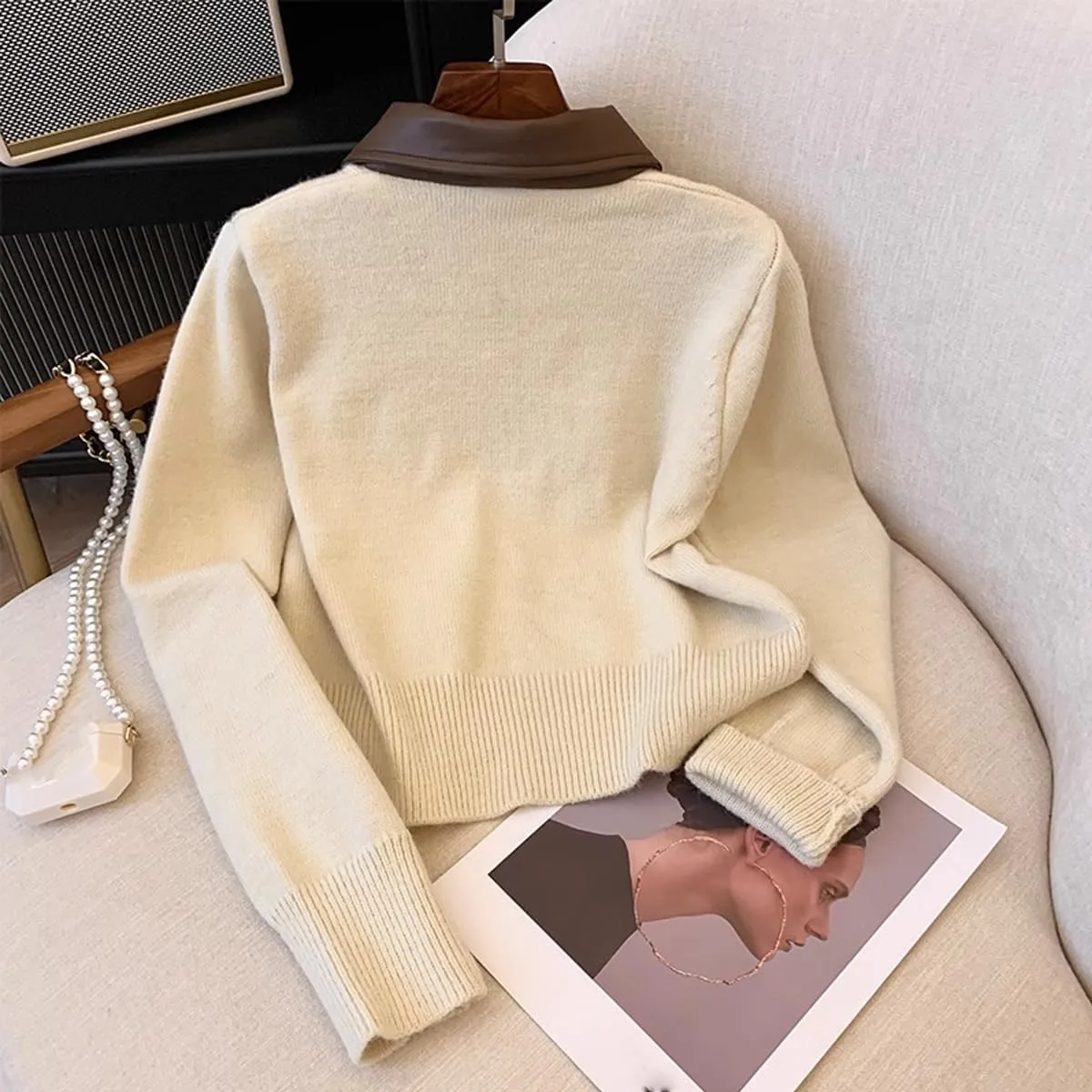 Cropped Cardigan Women Leather Collared Knit Sweater Zip up Jacket Aesthetic Cute Polo Sweater Fall 2024 Trendy