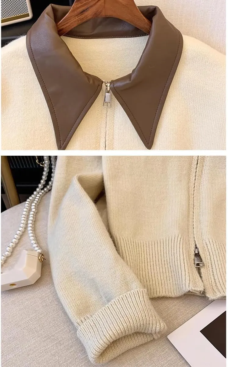 Cropped Cardigan Women Leather Collared Knit Sweater Zip up Jacket Aesthetic Cute Polo Sweater Fall 2024 Trendy
