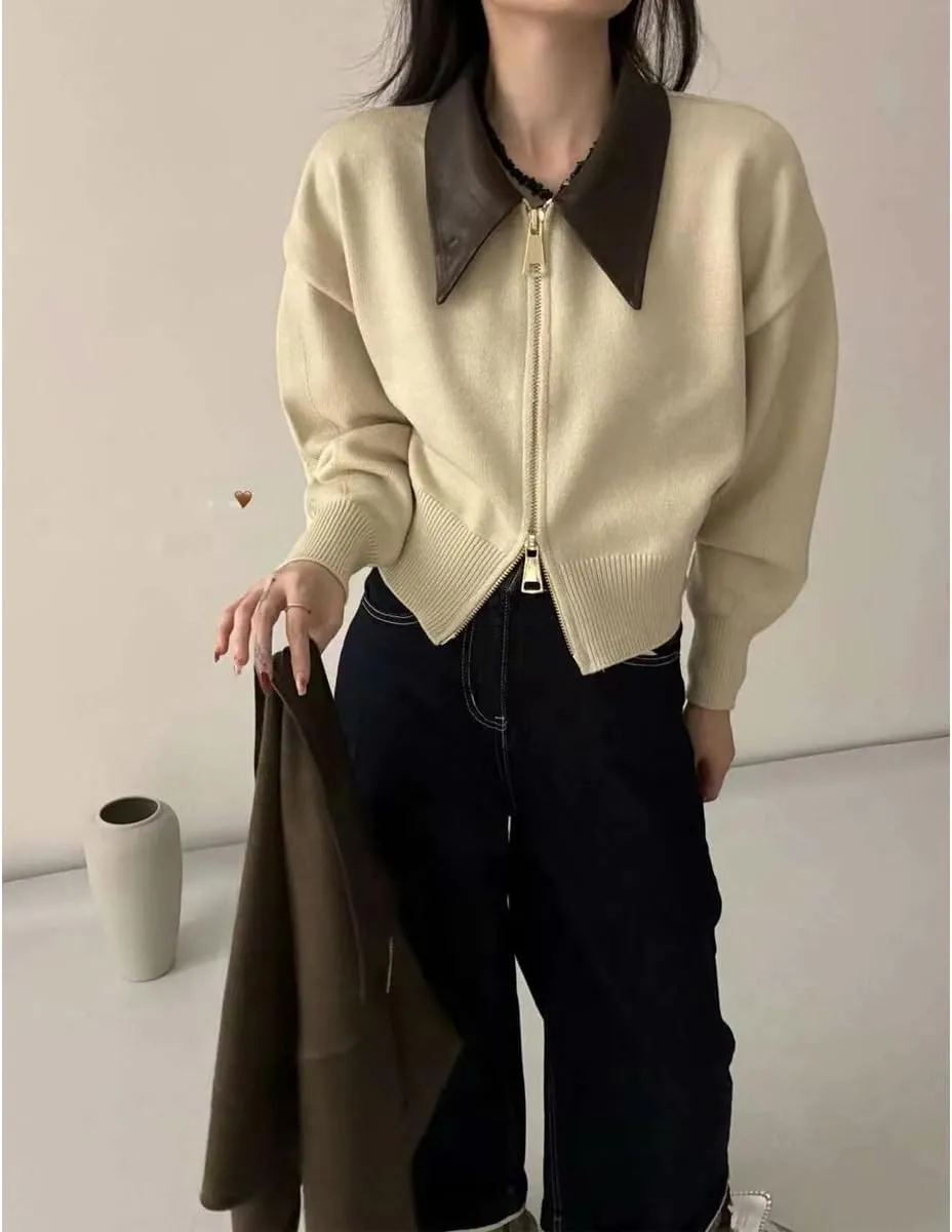 Cropped Cardigan Women Leather Collared Knit Sweater Zip up Jacket Aesthetic Cute Polo Sweater Fall 2024 Trendy