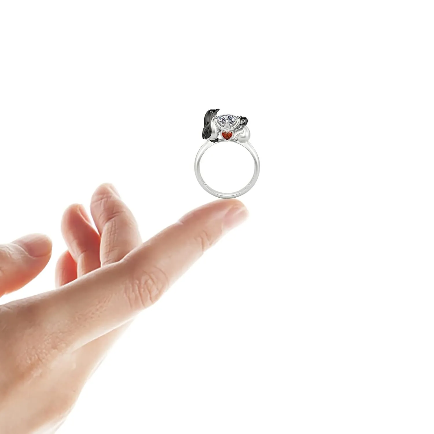Cute Penguin Heart Shape Zircon Rings for Woman Simulated Diamond Anniversary Ring Adjustable Opening Rings (A, One Size)