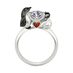 Cute Penguin Heart Shape Zircon Rings for Woman Simulated Diamond Anniversary Ring Adjustable Opening Rings (A, One Size)