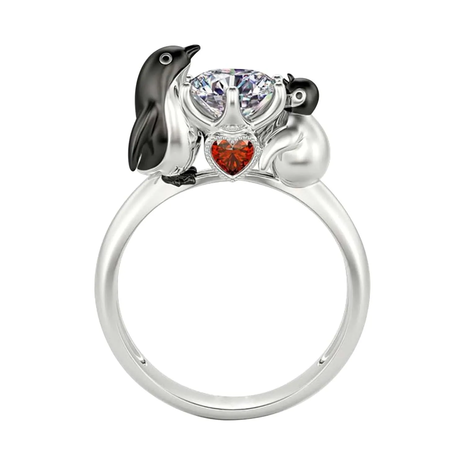 Cute Penguin Heart Shape Zircon Rings for Woman Simulated Diamond Anniversary Ring Adjustable Opening Rings (A, One Size)