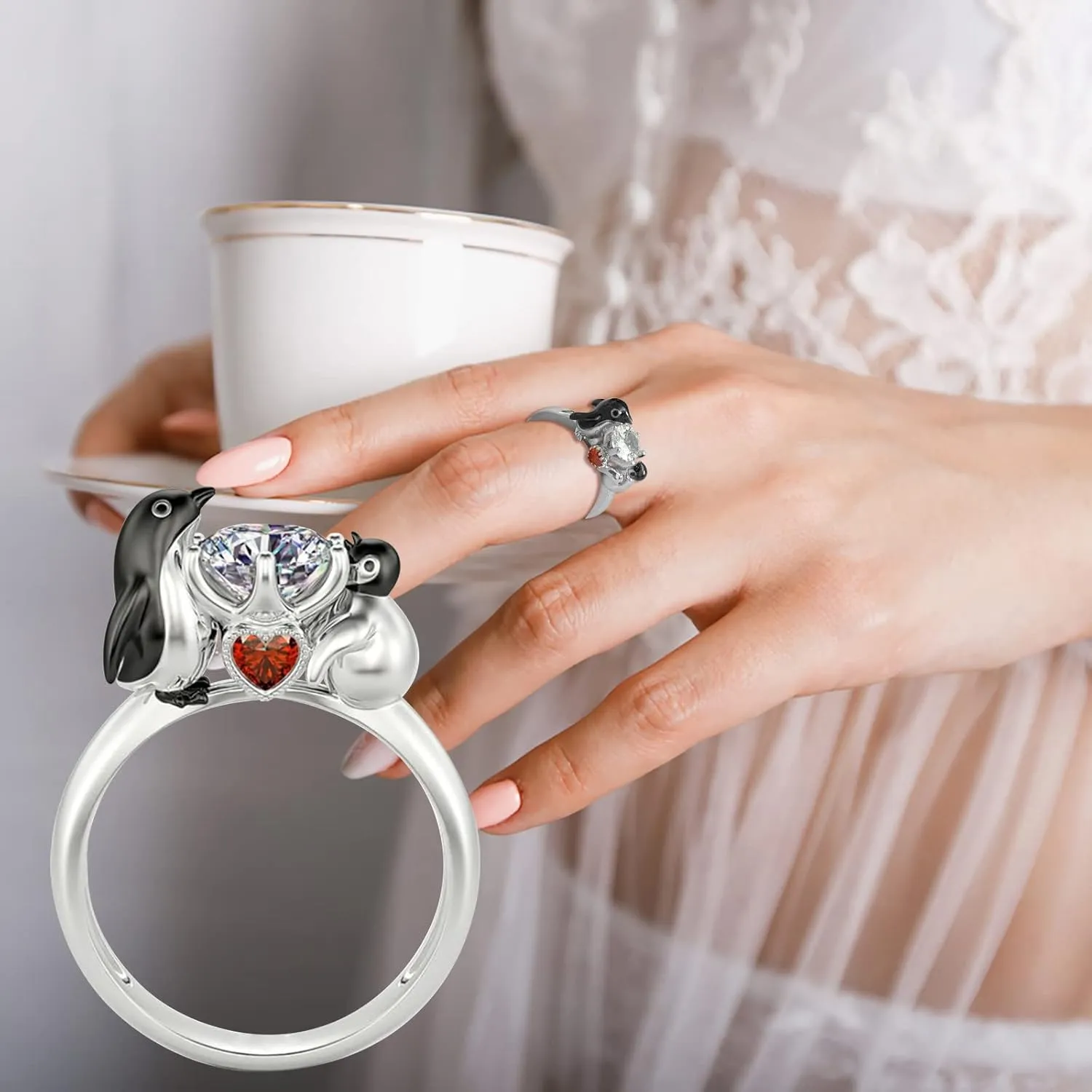 Cute Penguin Heart Shape Zircon Rings for Woman Simulated Diamond Anniversary Ring Adjustable Opening Rings (A, One Size)