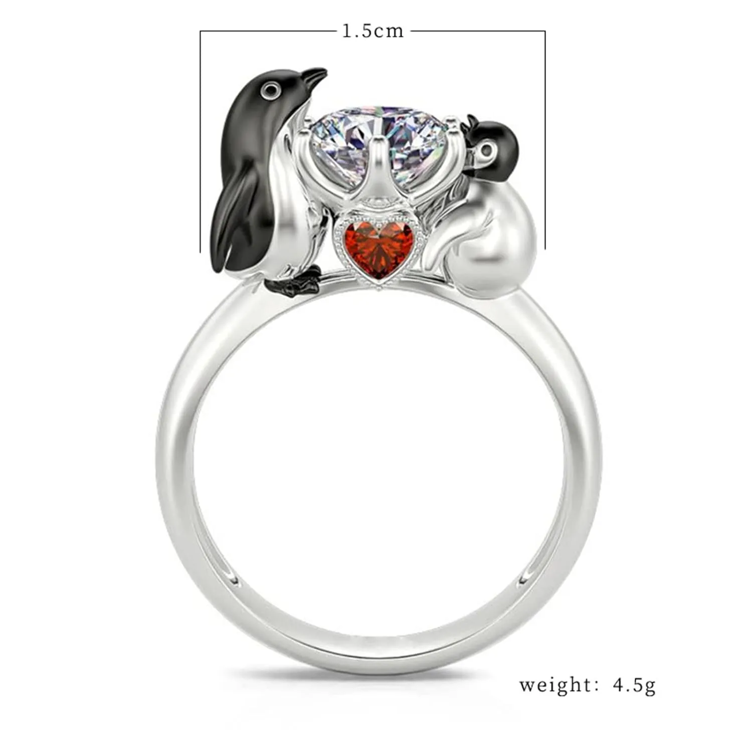 Cute Penguin Heart Shape Zircon Rings for Woman Simulated Diamond Anniversary Ring Adjustable Opening Rings (A, One Size)