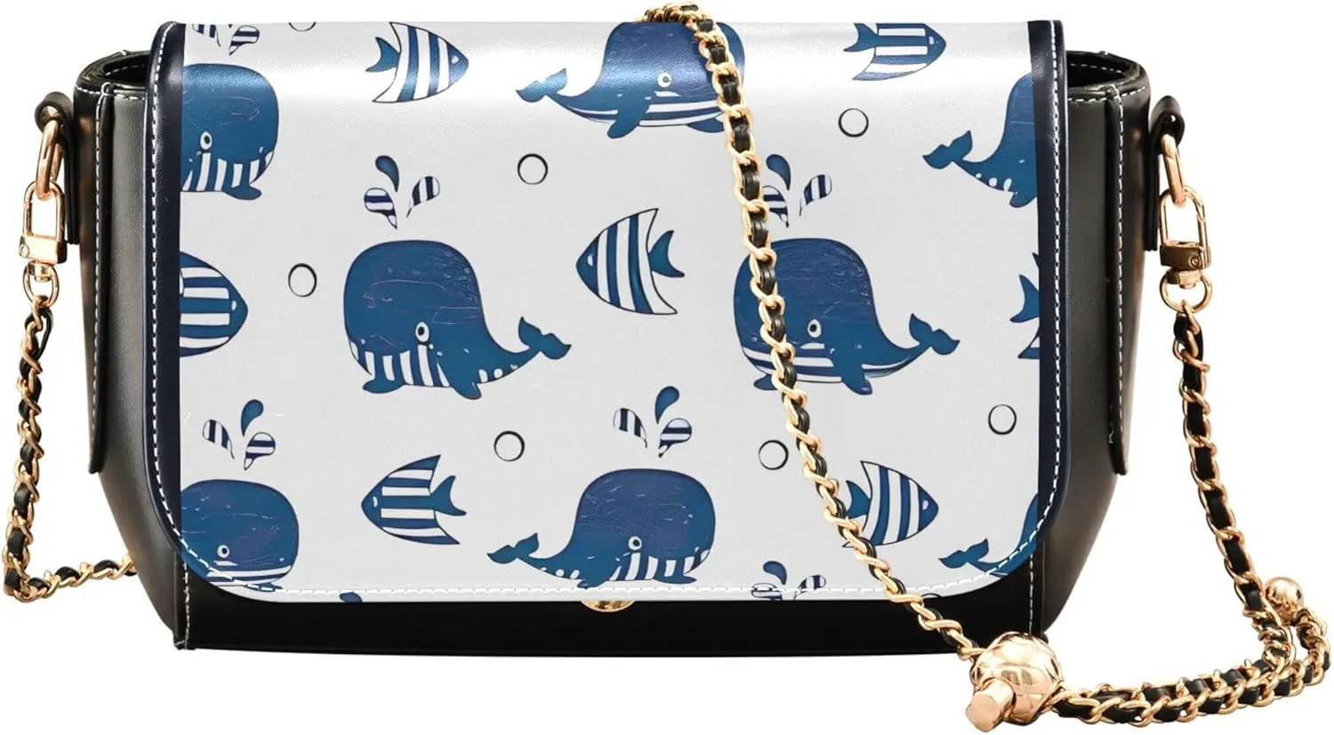 Cute Print Leather Shoulder Bags, Marine Whales Blue White Women Crossbody Purse Clutch Satchel with Chain Strap