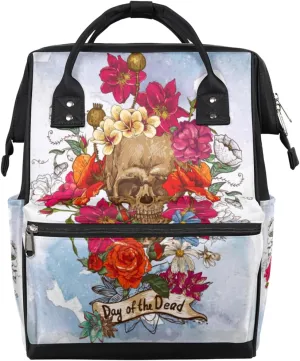 Day Of The Dead Sugar Skull And Flowers Diaper Bag Tote Large Capacity Waterproof with Adjustable Shoulder Strap and Pram Straps Mommy Bag for Hospital Beach Weekender Travel