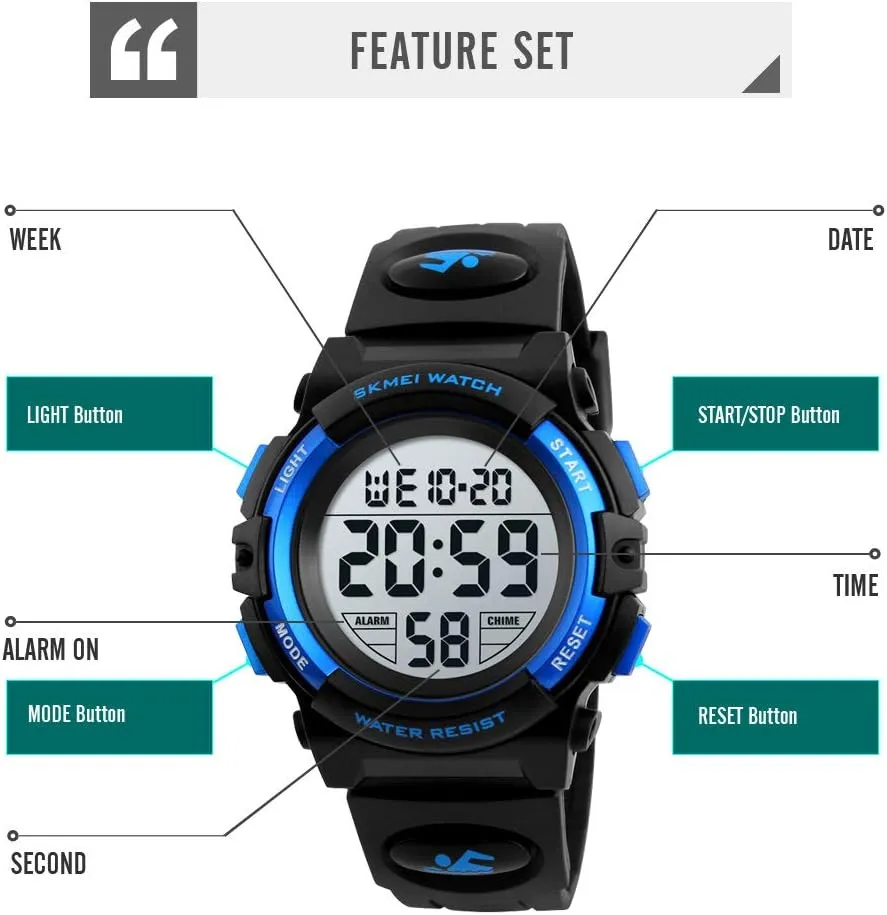 Dayllon Kids Digital Watch Boys Outdoor Sports 50M Waterproof Girls Watches Alarm Clock 12/24 H Stopwatch Calendar for Ages 3-15 Boy Girl Wristwatch Kids Gift