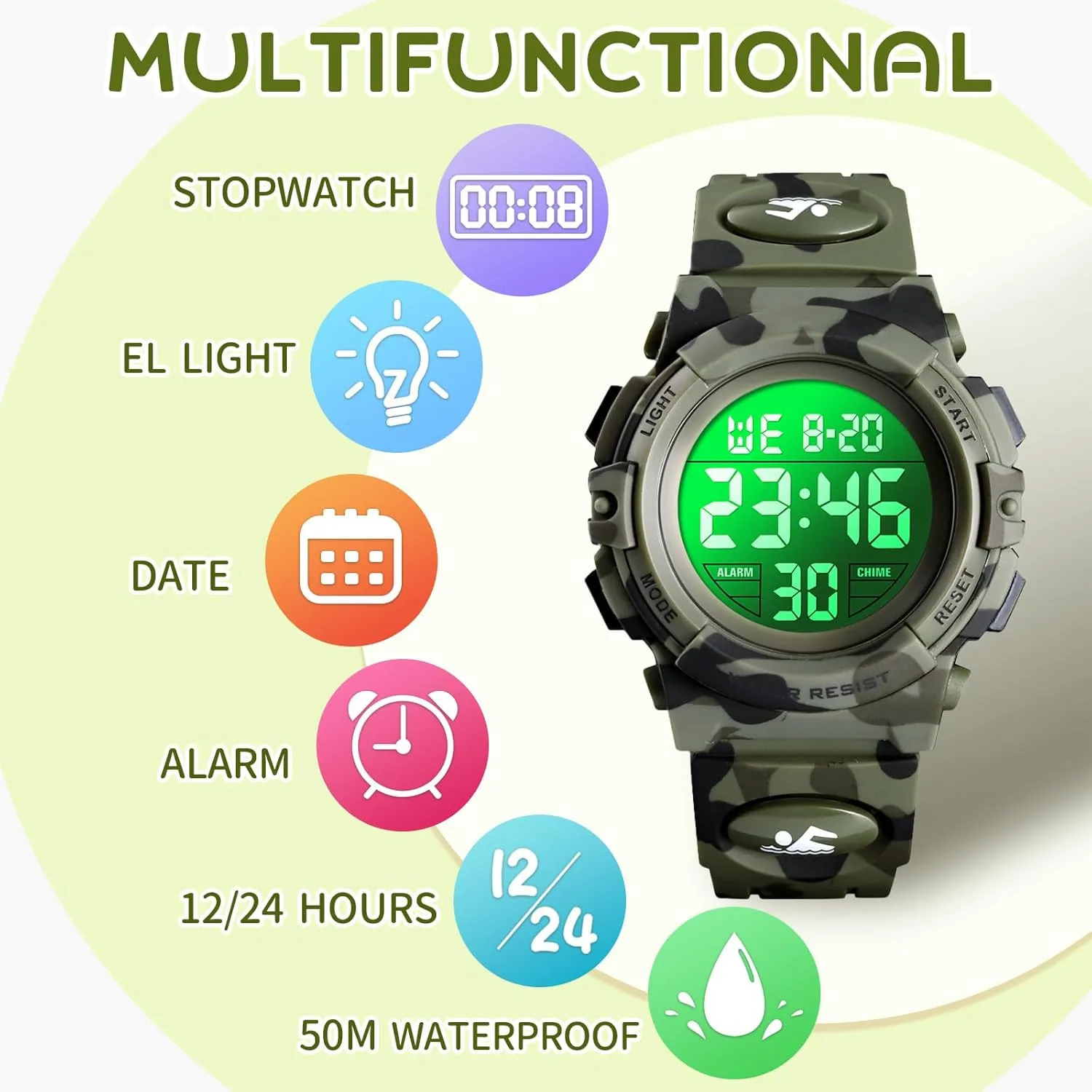 Dayllon Kids Digital Watch Boys Outdoor Sports 50M Waterproof Girls Watches Alarm Clock 12/24 H Stopwatch Calendar for Ages 3-15 Boy Girl Wristwatch Kids Gift