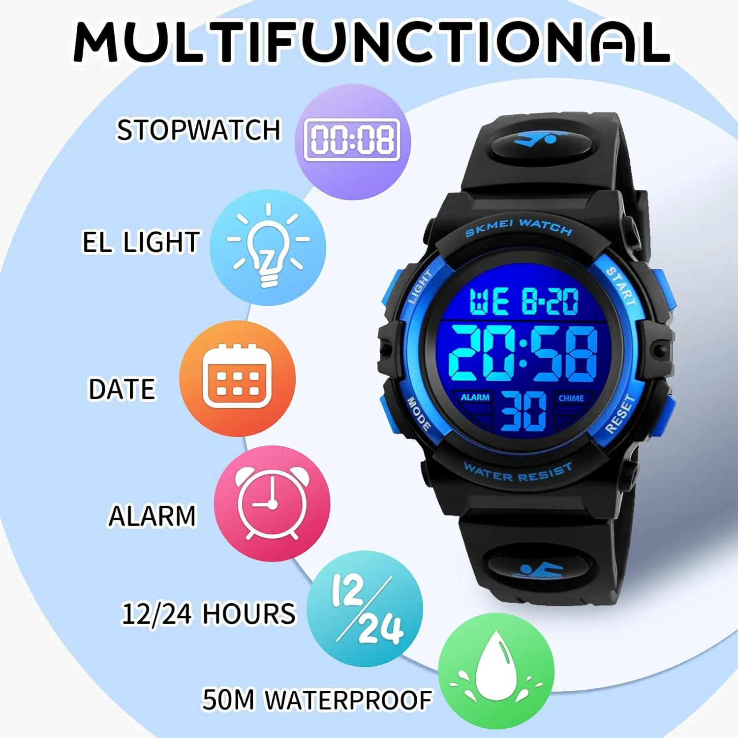 Dayllon Kids Digital Watch Boys Outdoor Sports 50M Waterproof Girls Watches Alarm Clock 12/24 H Stopwatch Calendar for Ages 3-15 Boy Girl Wristwatch Kids Gift