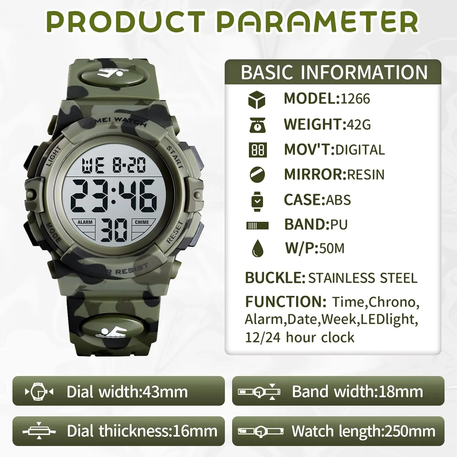 Dayllon Kids Digital Watch Boys Outdoor Sports 50M Waterproof Girls Watches Alarm Clock 12/24 H Stopwatch Calendar for Ages 3-15 Boy Girl Wristwatch Kids Gift