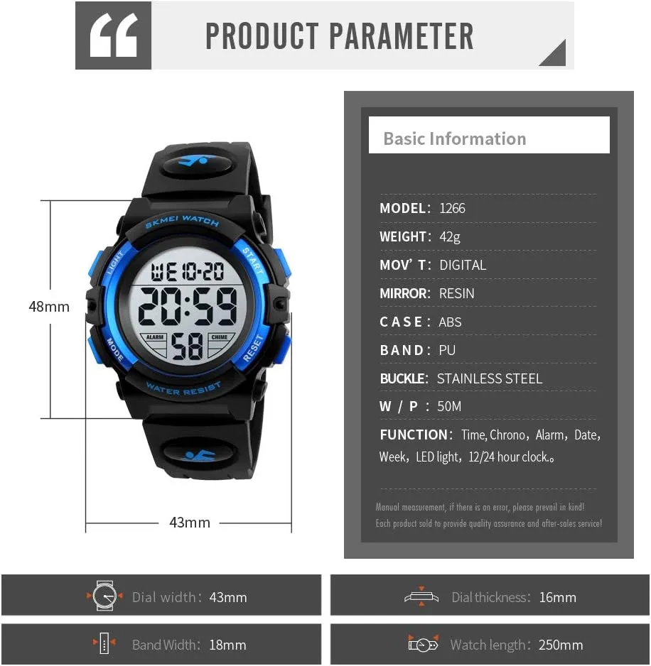 Dayllon Kids Digital Watch Boys Outdoor Sports 50M Waterproof Girls Watches Alarm Clock 12/24 H Stopwatch Calendar for Ages 3-15 Boy Girl Wristwatch Kids Gift